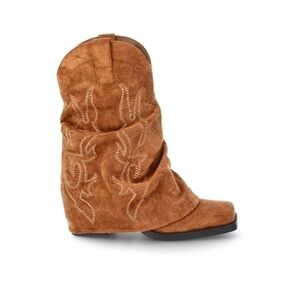 Slouchy Suede Western Wedge Boot in Tan